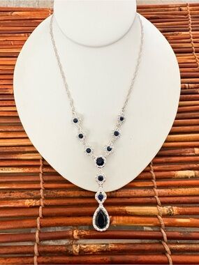 Silver Tone Necklace with Deep Blue Teardrop Pendant 16.5”-19”